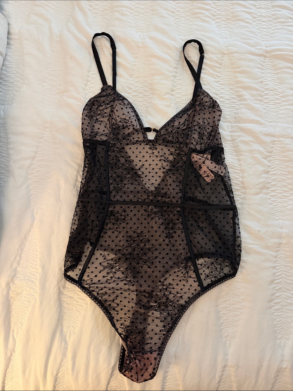 Sheer Polka Dot Lace Bodysuit - Black Victoria Secret